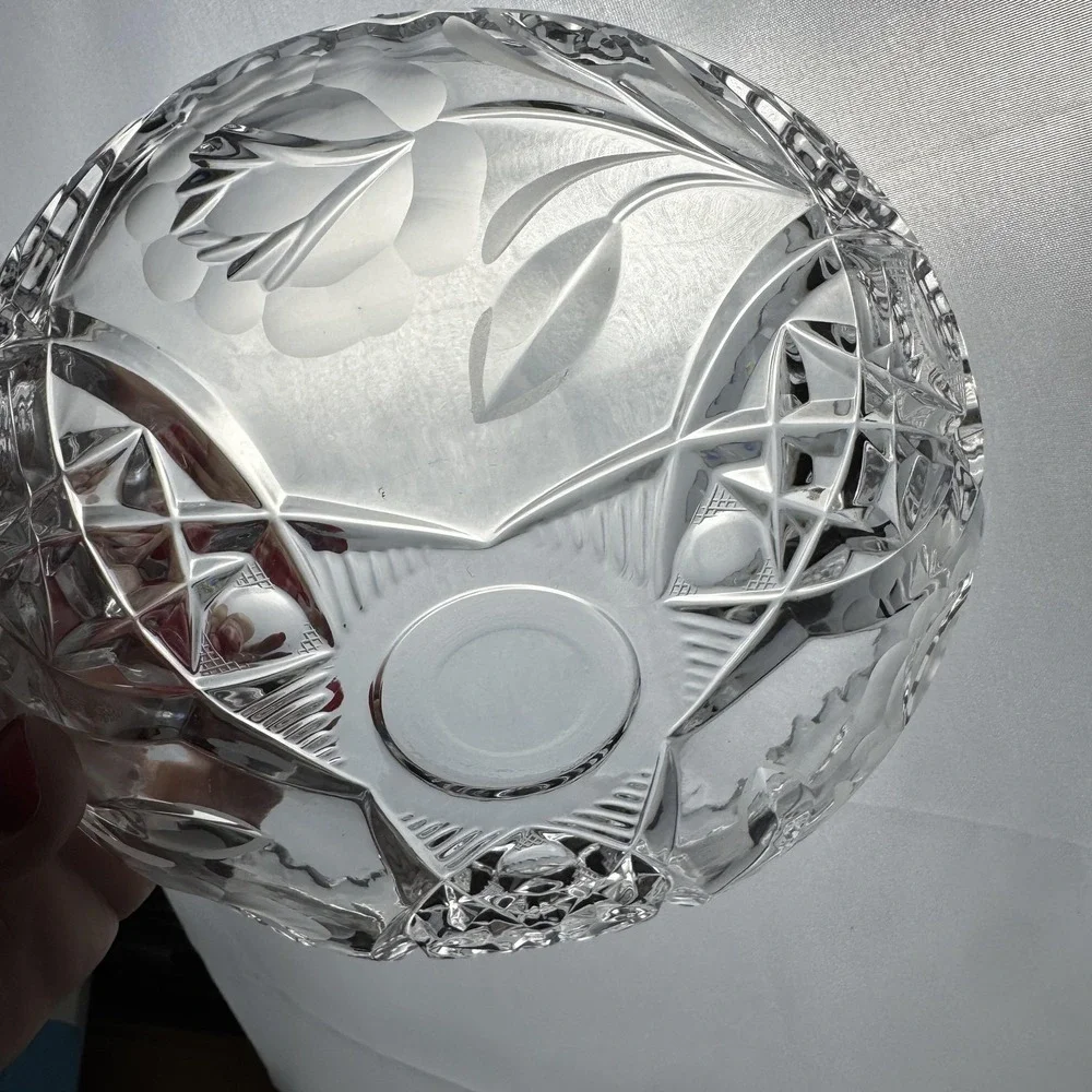 Vintage Clear‎ Cut Crystal Floral Serving Bowl Starburst Pattern Sawtooth Rim